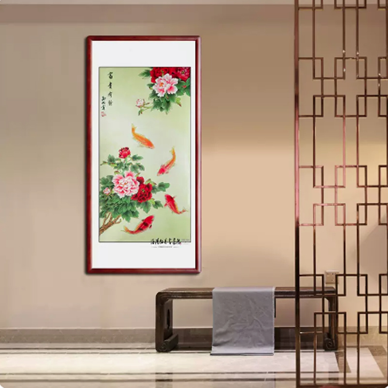 纯手绘洛阳牡丹画国画字画工笔画客厅装饰画富贵有余花开富贵 65×125cm实木装框